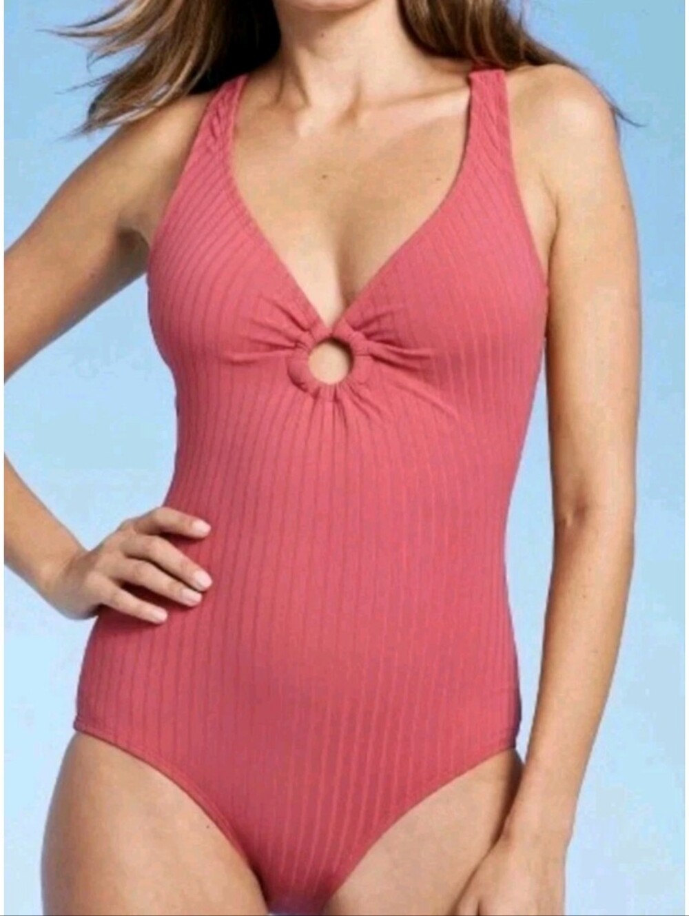Kona Sol Women Wide Ribbed Center Ring One Piece Swimsuit Coral Salmon NWT